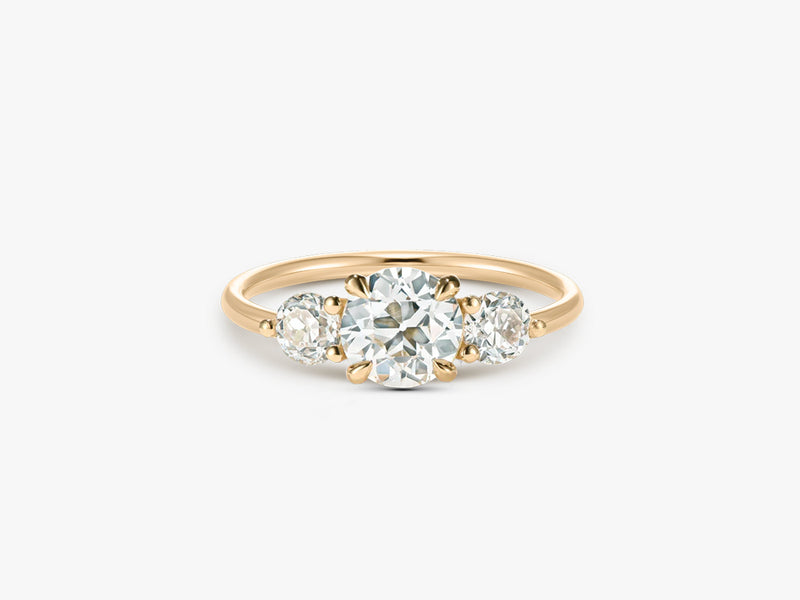 Triology Verlobungsring mit 1.15ct Old European Cut Diamant und zwei Old Mine Cut Seitensteinen in 18k Gelbgold