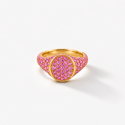 Petite Posh Signet Pinky Ring – Pinker Saphir Full Pavé – 18k Gelbgold