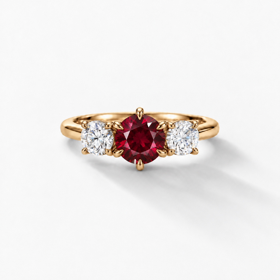 SIGNATURE ThreeStone Round Rubin Verlobungsring – 18k Gelbgold, Designvorschau